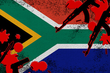 South Africa flag and guns in red blood. Concept for terror attack and military operations
