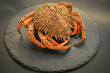 raw atlantic crab close-up on black background, soft focus. 