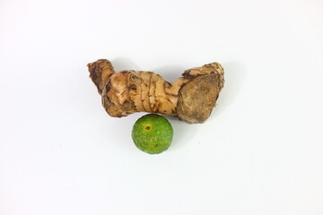 garlic, lime and ginger in white background