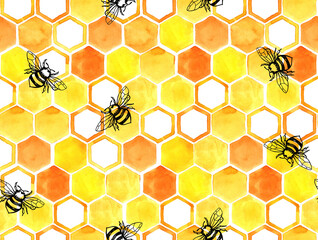 seamless watercolor pattern with honeycombs and little bees. abstract print of farming, beekeeping. eco food.