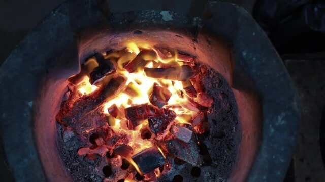 4K motion on Charcoal stove with the fire spell. Hot Temperature before cooking steak on stove.
