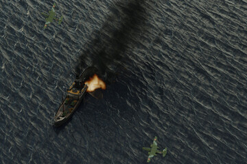 3D illustration. Sinking of Karlsruhe (1905) - a Nazi steamer in the Baltic Sea in 1945 by Soviet planes