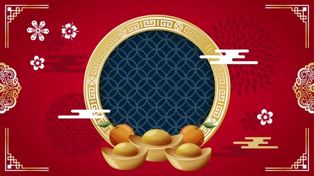 Happy Chinese New Year. Chinese decorative classic festive background for holiday. Traditional lunar year background with gold ingots and tangerines. 