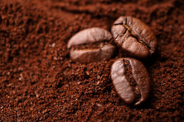 Closeup of three coffee beans at the mixed heap of roasted coffee with copy space for text. Concept of Coffee freshness