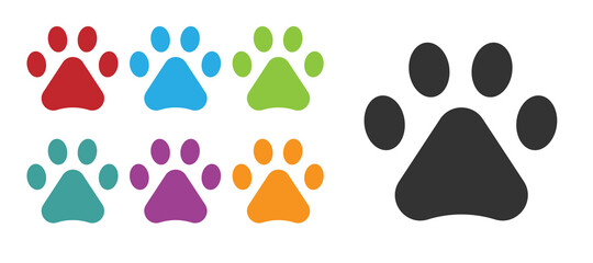Black Paw print icon isolated on white background. Dog or cat paw print. Animal track. Set icons colorful. Vector.