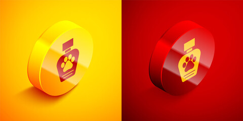 Isometric Pet shampoo icon isolated on orange and red background. Pets care sign. Dog cleaning symbol. Circle button. Vector.
