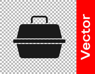 Black Pet carry case icon isolated on transparent background. Carrier for animals, dog and cat. Container for animals. Animal transport box. Vector.