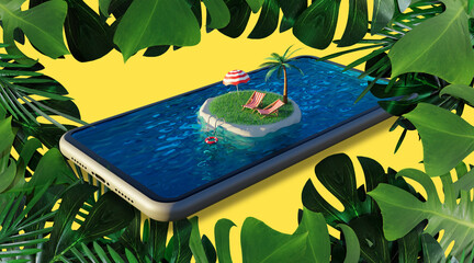 Tropical island on smartphone. Travel and vacation concept, 3d rendering