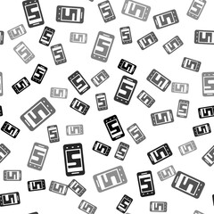 Black New chat messages notification on phone icon isolated seamless pattern on white background. Smartphone chatting sms messages speech bubbles. Vector.