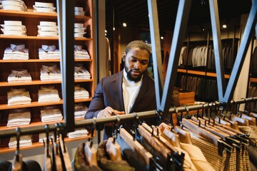 A stylish elegantly dressed African-American man working at classic menswear store.