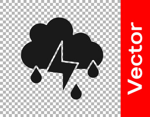 Black Cloud with rain and lightning icon isolated on transparent background. Rain cloud precipitation with rain drops.Weather icon of storm. Vector.