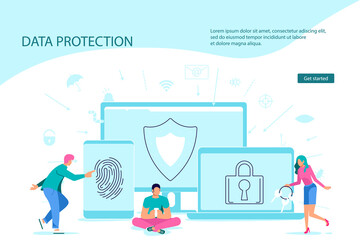 Landing webpage template of Antivirus software, data protection and cyber security. Digital protection system privacy program from hacking, web crime and virus attack. Flat Art Vector Illustration