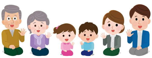 正座で座って手を振る段世代家族　イラスト © こけ田