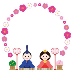 雛祭り　おひな様　桃の花の丸枠　コピースペース　イラスト