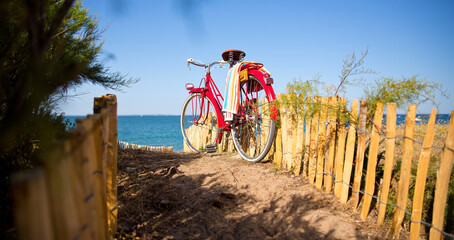 Vieux vélo rouge dans un paysage de bord de mer dans les dunes. © Thierry RYO