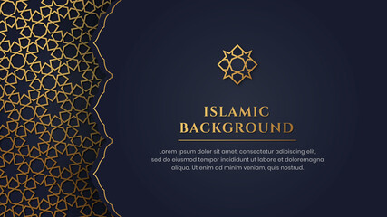 Islamic Arabic Blue Luxury Arabesque Pattern Background with Elegant Golden Frame