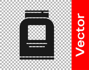 Black Sports nutrition bodybuilding proteine power drink and food icon isolated on transparent background. Vector.