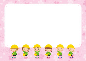可愛い幼稚園児の子供たちと幼稚園のイラスト　桜パターンのフレーム　年少さんキッズ6人組