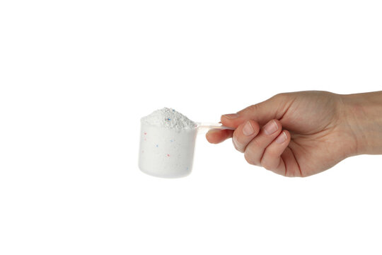 Female Hand Hold Scoop With Washing Powder, Isolated On White Background