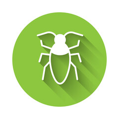White Cockroach icon isolated with long shadow. Green circle button. Vector.