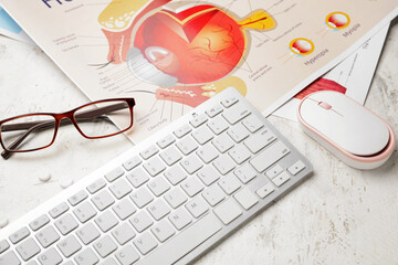 Computer keyboard, mouse and drawing scheme of human eye on light background