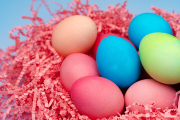Colorful Easter eggs in decorative nest on blue background
