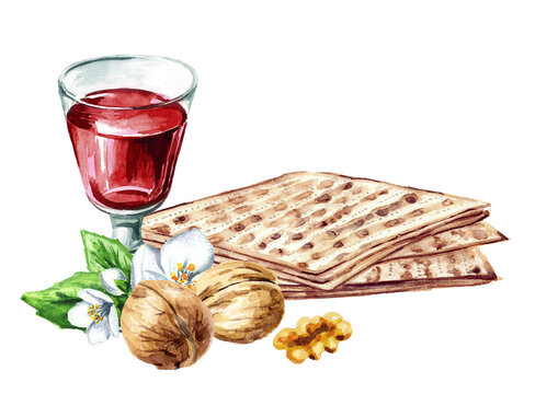 Red kosher wine in the glass, some walnuts and matzah or matza. Passover seder meal. Pesach. Watercolor hand drawn illustration isolated on white background