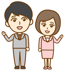 片手を上げて案内誘導するスーツ姿の社会人男女の全身イラスト