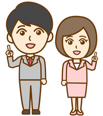 人差し指を立ててポイントを説明するスーツ姿の社会人男女の全身イラスト