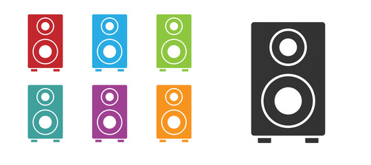 Black Stereo speaker icon isolated on white background. Sound system speakers. Music icon. Musical column speaker bass equipment. Set icons colorful. Vector.