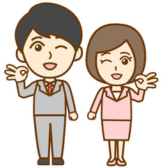 OKのジェスチャーをするスーツ姿の社会人男女の全身イラスト