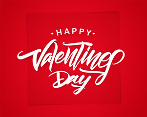 Romantic greeting card with handwritten type lettering of Happy Valentines Day on red background.