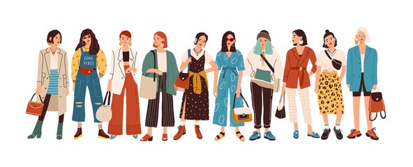 Group of fashionable women standing together vector flat illustration. Stylish female characters in modern casual, hipster clothes isolated on white. Beautiful ladies in elegant outfit - obrazy, fototapety, plakaty