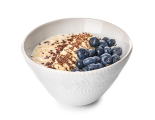 Bowl with tasty oatmeal and blueberry on white background