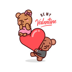 FUNNY VALENTINE ILUSTRATION CUTE BEAR BRING A BIG HEART AND HIS GIRLFRIEND ABOVE 