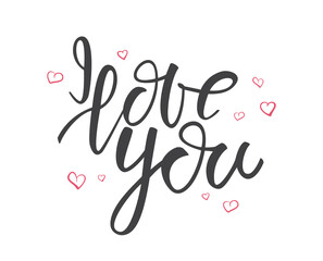 Obraz premium Type lettering of I Love You with hand drawn hearts on white background