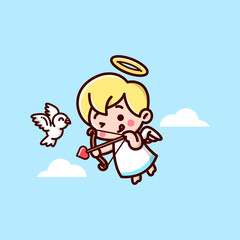CUTE CUPID FLYING AND WANT TO SHOOT HIS ARROW. HAPPY VALENTINE DAY ILLUSTRATION