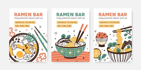 Collection of ramen bar colorful vertical posters vector flat illustration. Set of promo templates for restaurant of japanese cuisine. Vertical advertising with national oriental soup with noodle