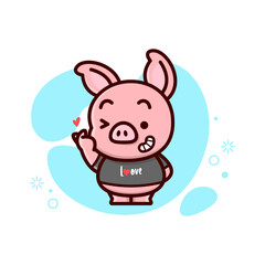 CUTE LITTLE PIG GIVE A LOVE SIGN AND SMILING. HAPPY VALENTINE DAY ILLUSTRATION