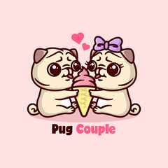 CUTE PUG COUPLE SHARING AN ICE CREAM AND FEELING SO LOVELY. VALENTINE DAY ILLUSTRATION