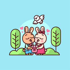 CUTE RABBIT COUPLE SHARING A DRINK OUTDOOR. HAPPY VALENTINE DAY ILLUSTRATION