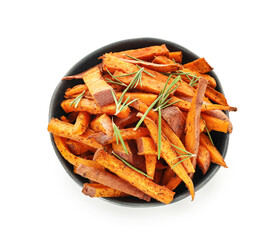 Bowl with tasty cooked sweet potato on white background