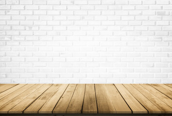 Empty wooden table top on white brick wall background, Design wood terrace white. Perspective for show space for your copy and branding. Can be used as product display montage. Vintage style concept.