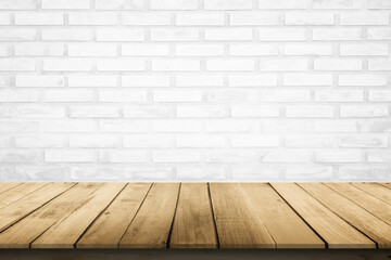 Fototapeta premium Empty wooden table top on white brick wall background, Design wood terrace white. Perspective for show space for your copy and branding. Can be used as product display montage. Vintage style concept.