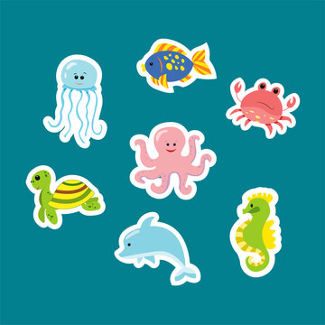 
Set of stickers of sea animals in cartoon style. Cute marine mammals in a flat style. Collection of isolated vector icons - octopus, jellyfish, turtle, crab, fish, seahorse and dolphin
