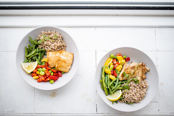 Meat and buckwheat dishes with green beans and tomato
