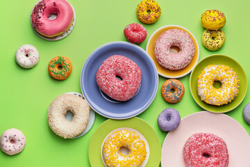 Sweet donuts on color background