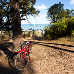 Cabine de plage et vieux vélo rouge sur l'île de Noirmoutier en Vendée.