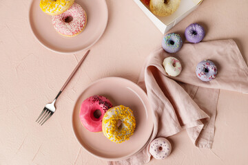 Composition with sweet donuts on table