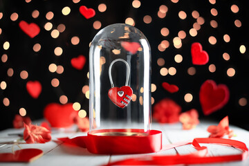 heart under a glass cloche against a dark background